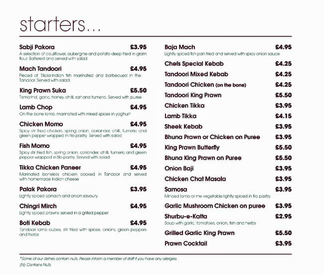 Le Raj Menu Menu at Le Raaj restaurant, Chester-le-Street, Front St