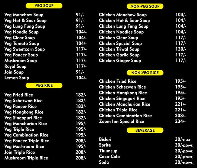 Menu of Zoom Inn Chinese Restaurant, Dange Chowk, Pune