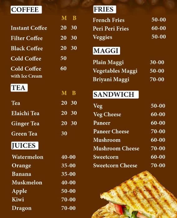 Menu of Raasta Cafe, Jalahalli, Bangalore