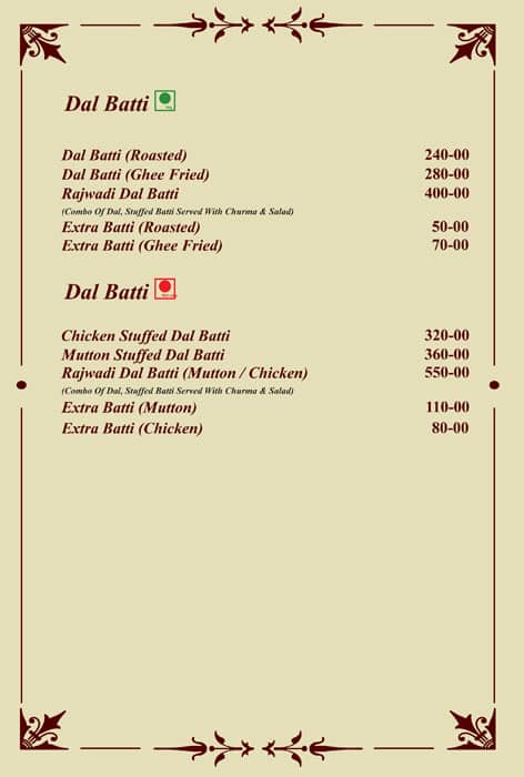 Ghani khammam- The Royal Kitchen of Rajasthan menu