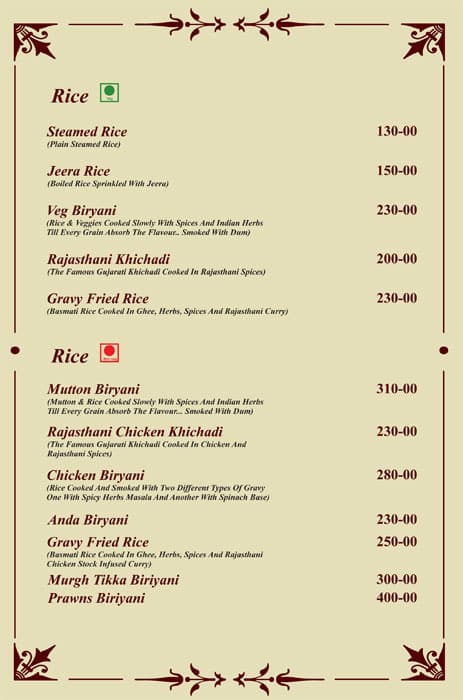 Ghani khammam- The Royal Kitchen of Rajasthan menu