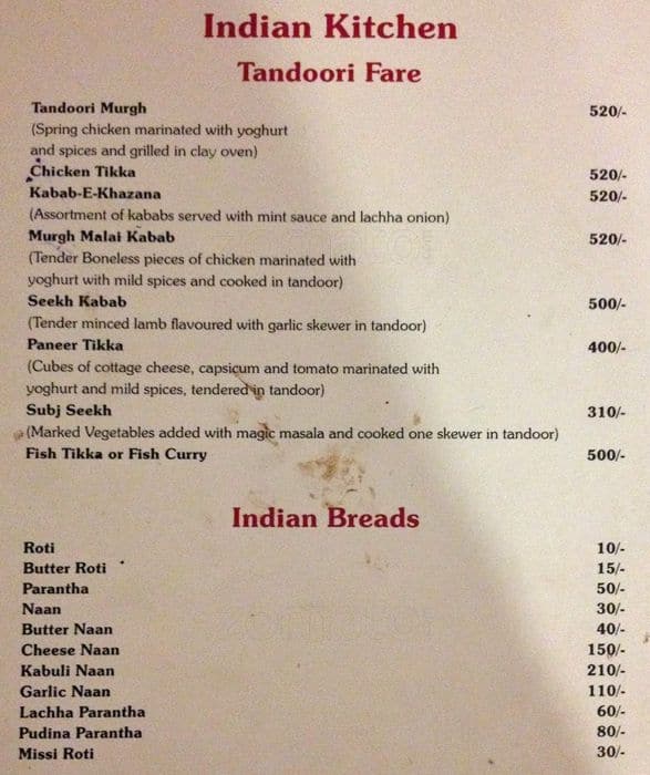 Indiana Restaurant menu