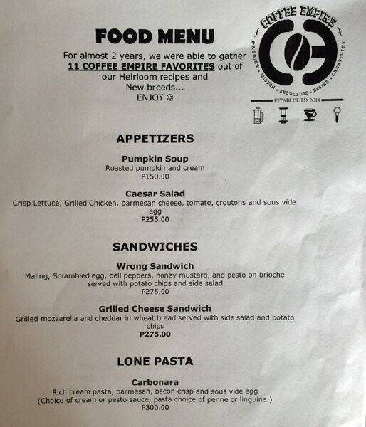 Coffee Empire Menu,Menú para Coffee Empire, West Triangle, Quezon City