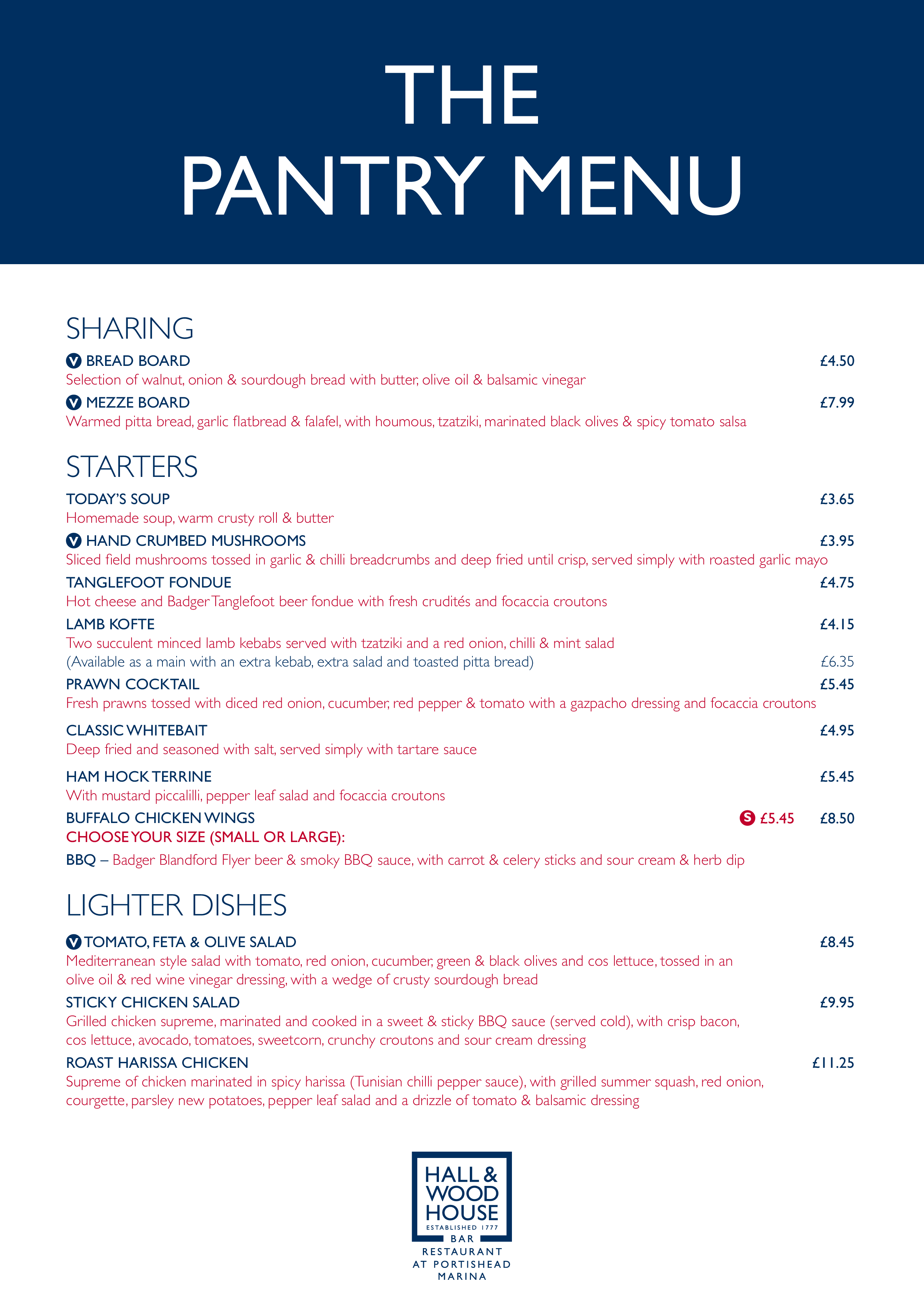 Menu at Hall & Woodhouse pub & bar, Portishead, 59 Newfoundland Way