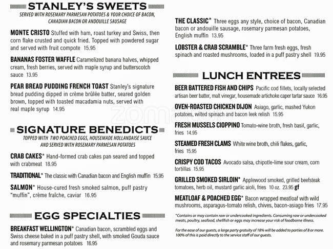 Menu at Stanley and Seafort's restaurant, Tacoma