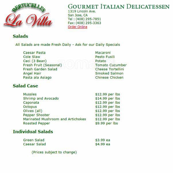 La Villa menu, Menu restauracji La Villa, Willow Glen, San Jose