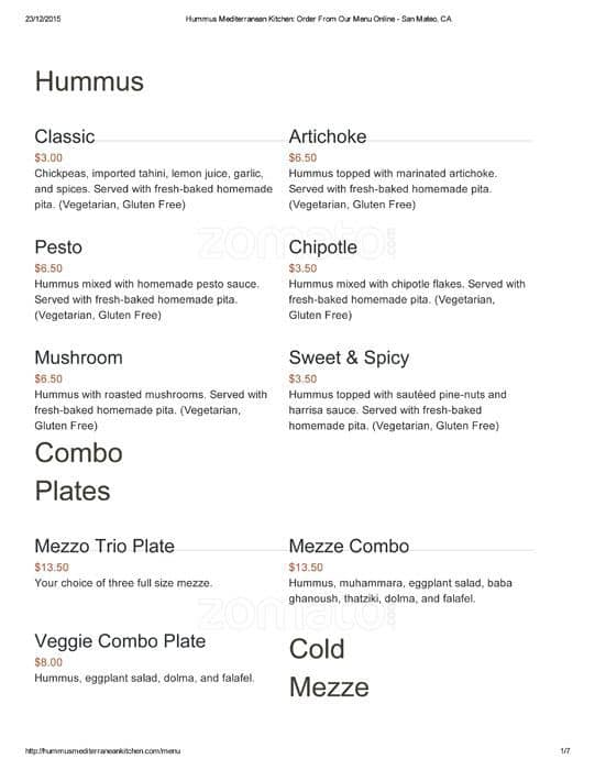 Hummus Menu, Menu for Hummus, San Mateo, San Mateo Urbanspoon/Zomato