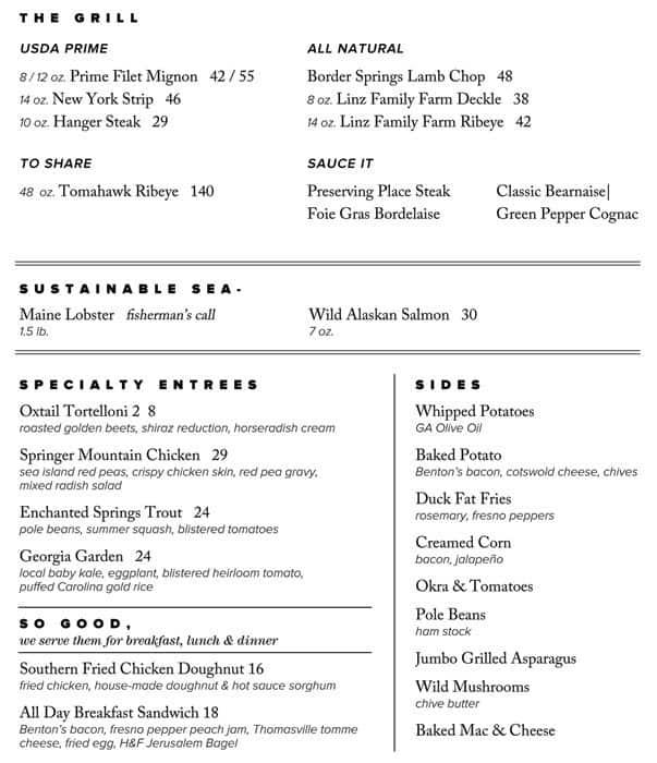 Menu at AG steakhouse, Atlanta, The RitzCarlton