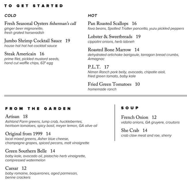 Menu at AG steakhouse, Atlanta, The RitzCarlton