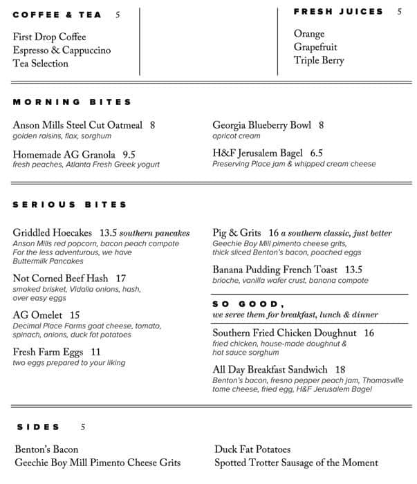 Menu at AG steakhouse, Atlanta, The RitzCarlton