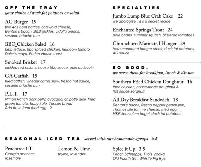 Menu at AG steakhouse, Atlanta, The RitzCarlton