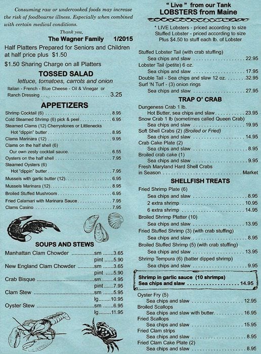 Menu at Under the Pier restaurant, Levittown