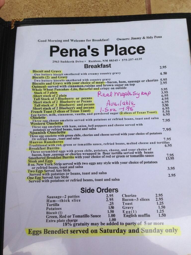 Pena's Place Menu, Menu for Pena's Place, Ruidoso, Ruidoso Urbanspoon