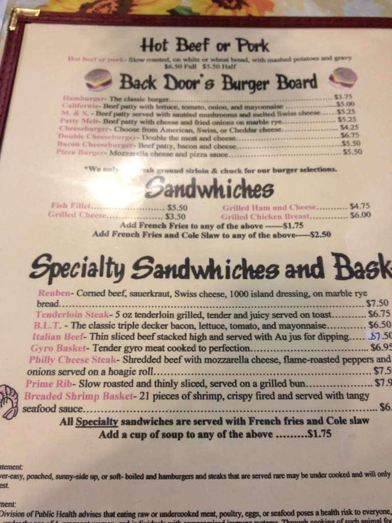 Menu At Back Door Cafe Ladysmith