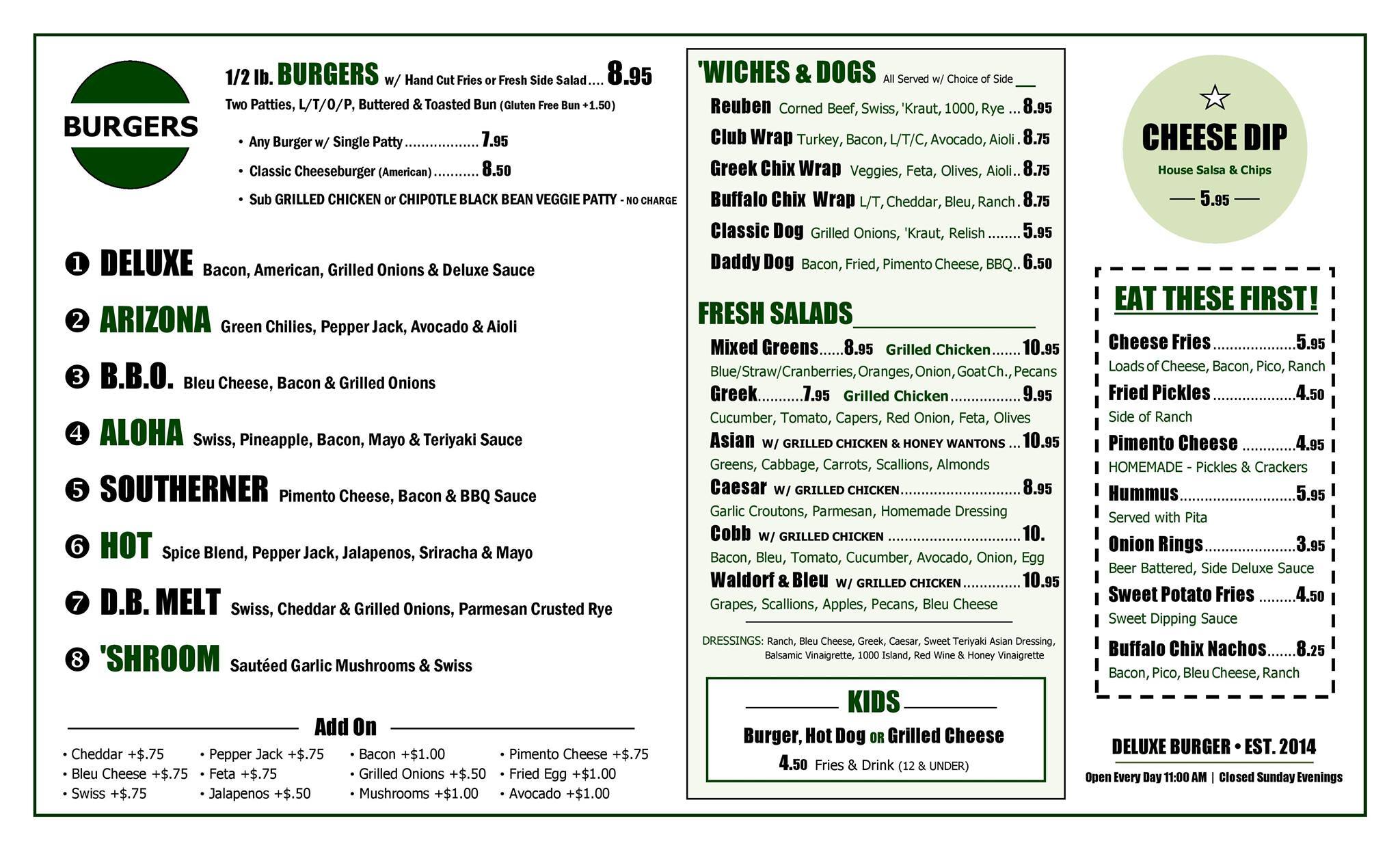 Deluxe Burger Menu, Menu for Deluxe Burger, Rogers, Northwest Arkansas