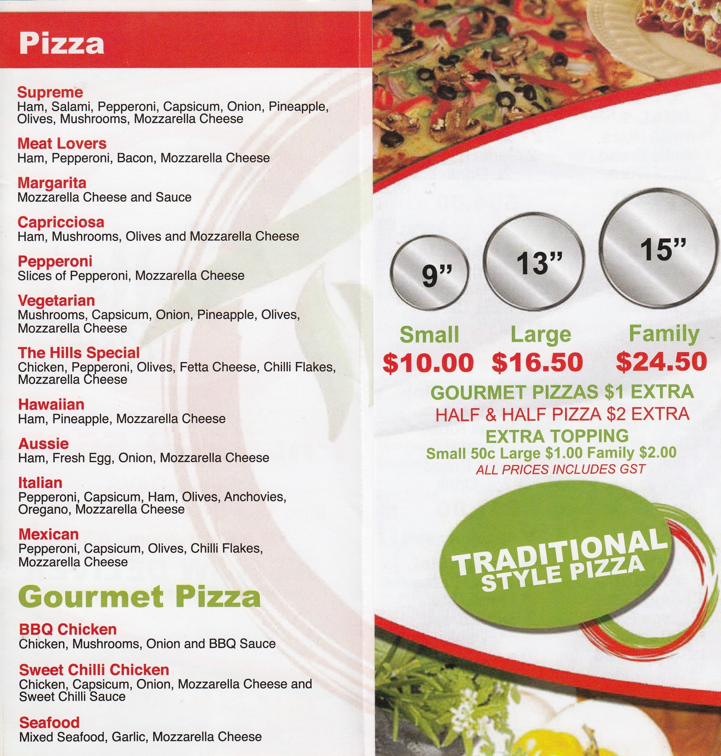 The Hills Pizzeria menu, Menu restauracji The Hills Pizzeria, Logan