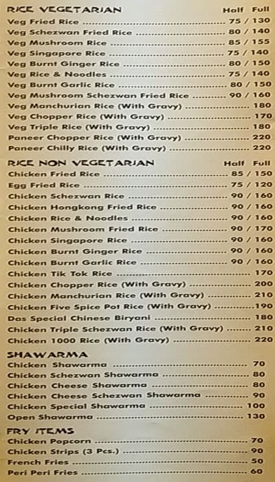 Das Fast Food menu