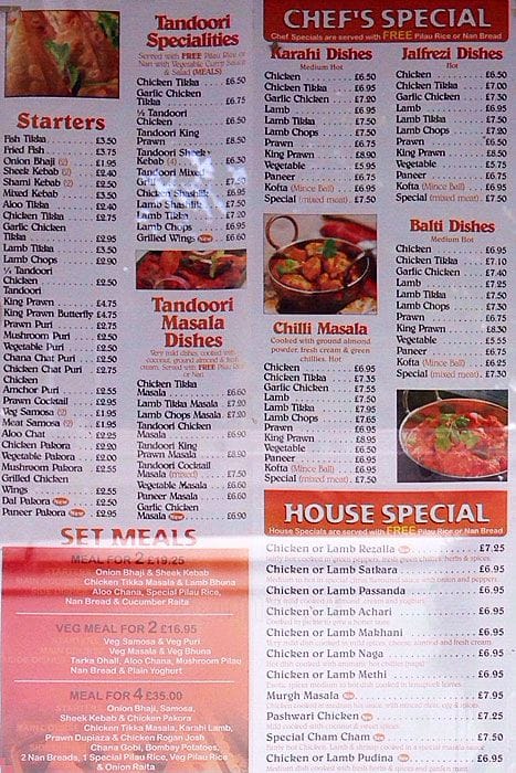 Menu at Shiva Balti restaurant, Manchester
