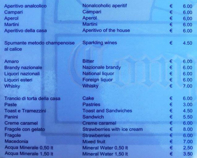 Menu di Bar Tabacchi Gelateria Comparone 