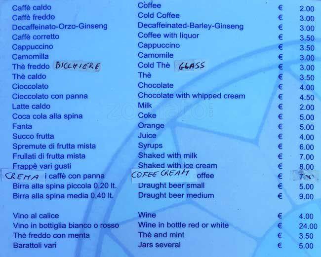 Menu di Bar Tabacchi Gelateria Comparone 