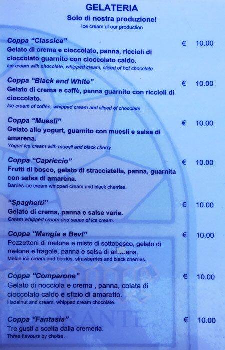 Menu di Bar Tabacchi Gelateria Comparone 