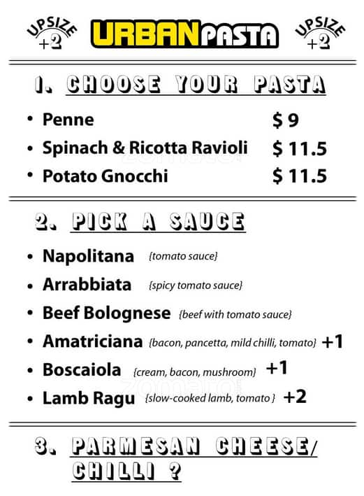 Urban Pasta Truck Menu, Menu for Urban Pasta Truck, CBD, Sydney