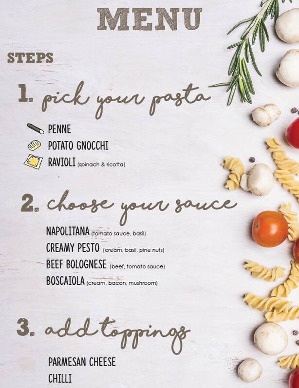 Menu at Urban Pasta restaurant, Sydney