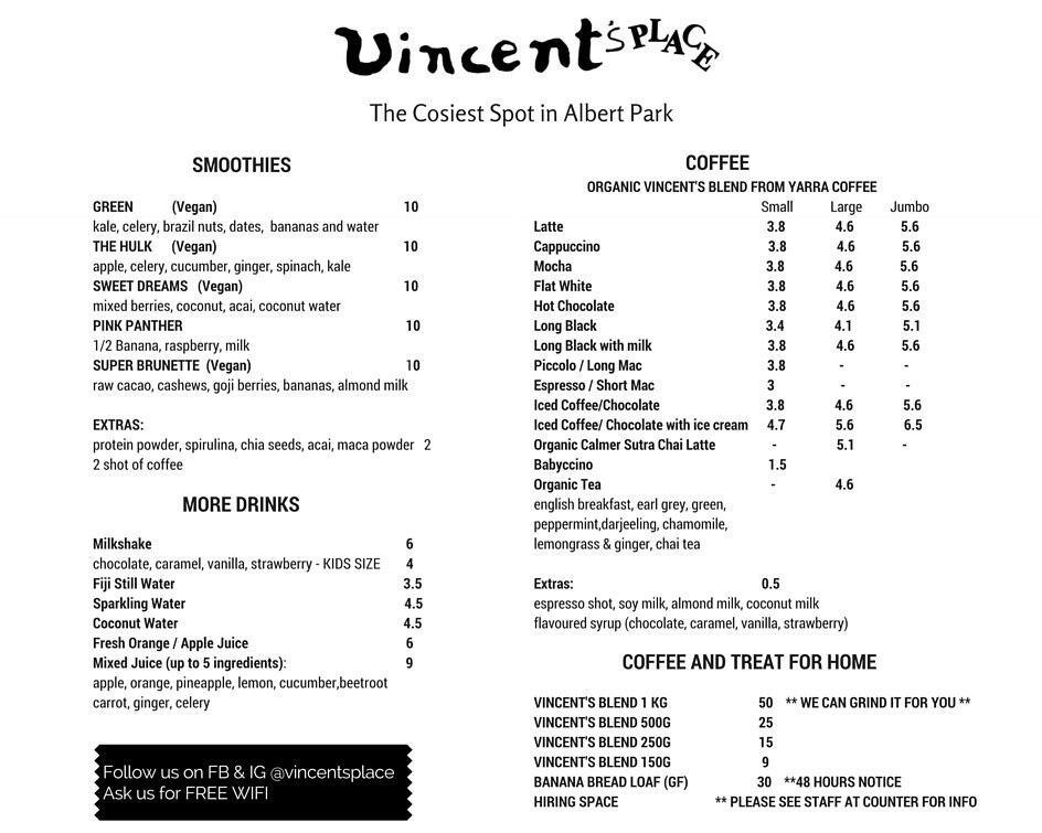 Vincent's Place Menu, Menu for Vincent's Place, Albert Park, Melbourne