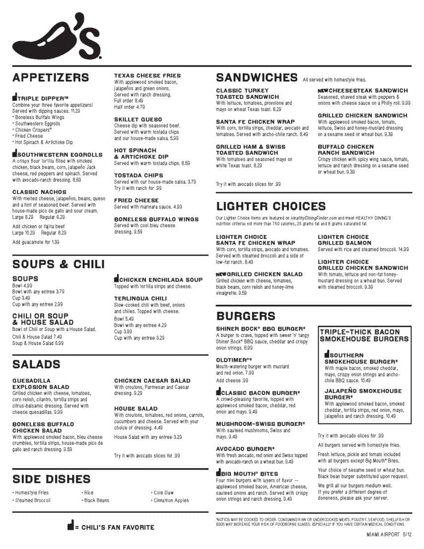 Chili s Menu With Prices Printable