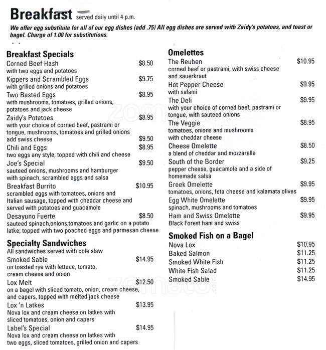 Menu at Zaidy's Deli Cherry Creek restaurant, Denver, 600 S Holly St