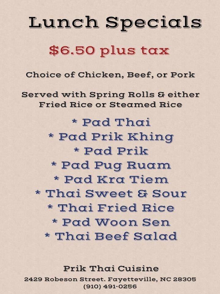 Menu At Prik Thai Restaurant Fayetteville