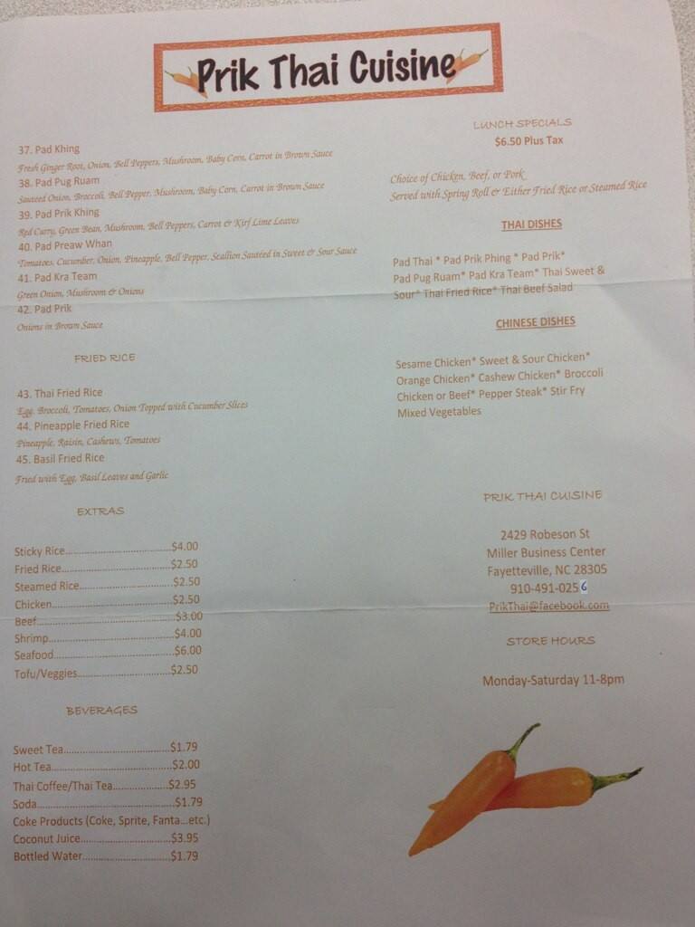 Menu At Prik Thai Restaurant Fayetteville