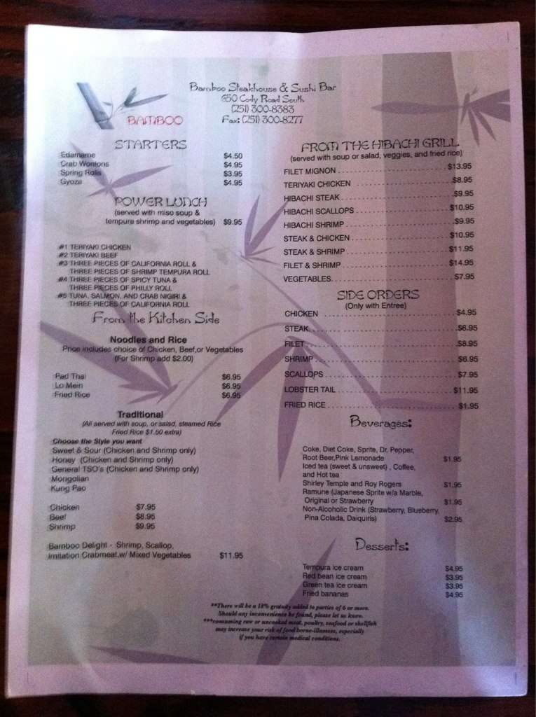 Menu at Bamboo Steakhouse & Sushi Bar, Mobile
