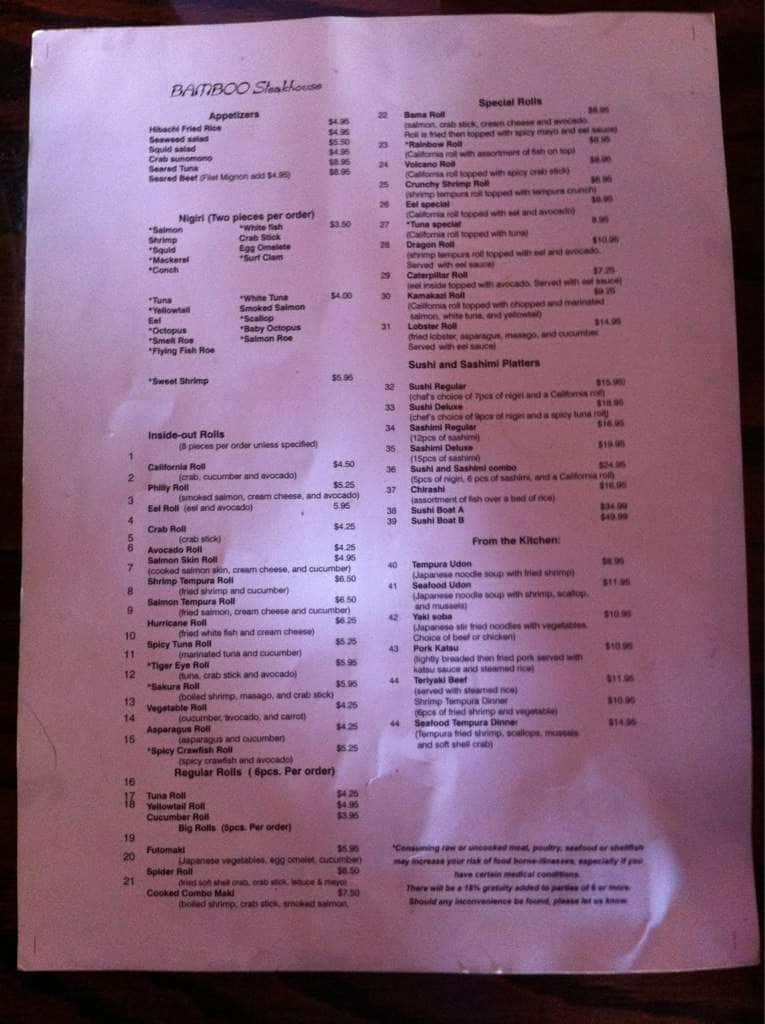 Menu at Bamboo Steakhouse & Sushi Bar, Mobile