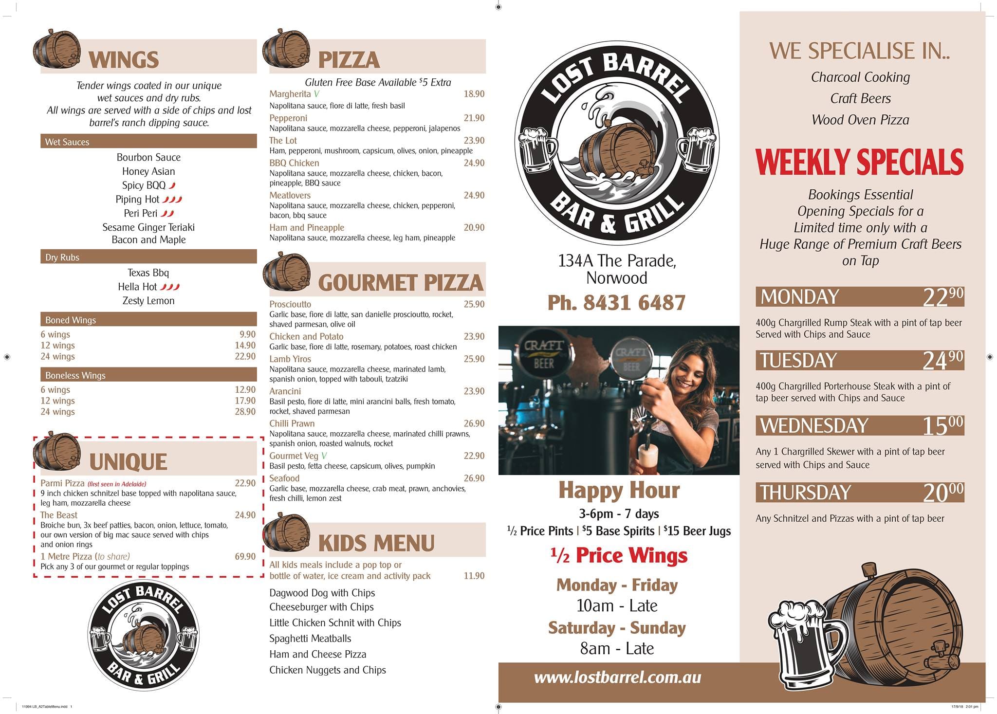 Menu at Lost Barrel Bar and Grill, Norwood