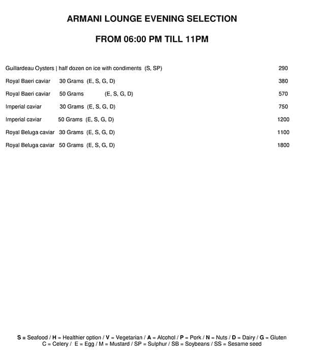 Menu of Armani Lounge Armani Hotel Dubai Downtown Dubai Dubai