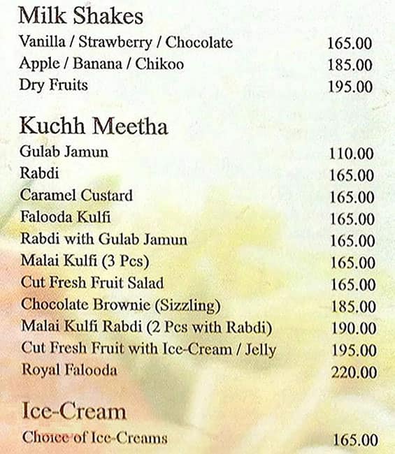 Kailash Parbat Hotel menu
