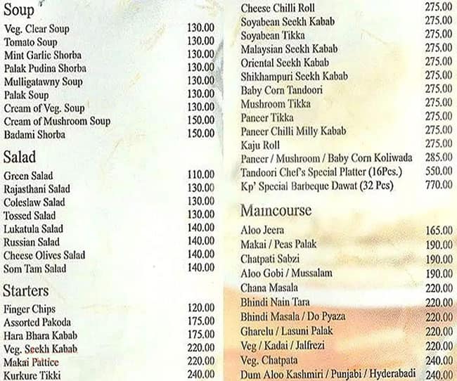 Kailash Parbat Hotel menu
