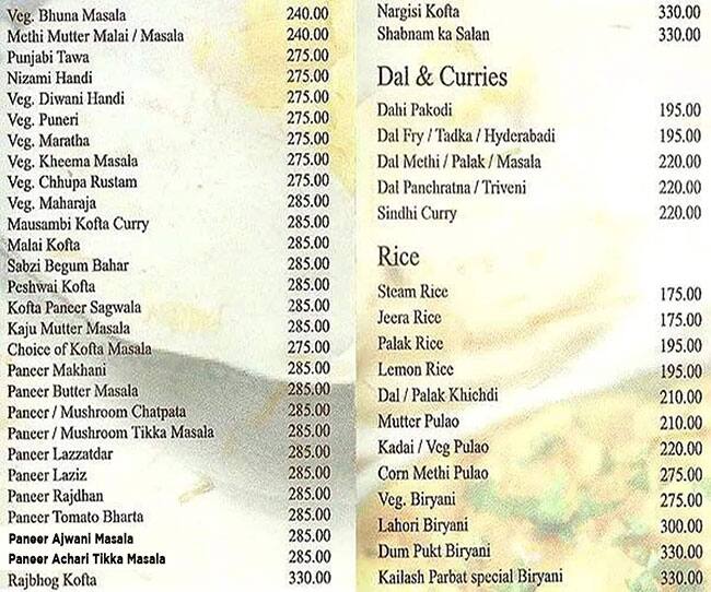 Kailash Parbat Hotel menu