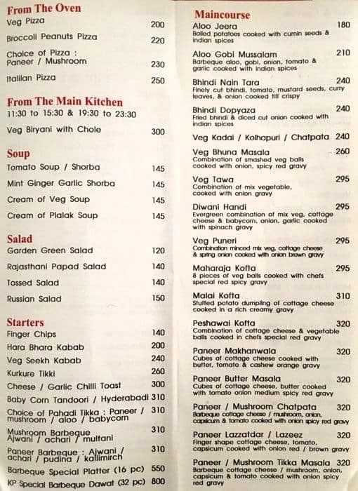 Kailash Parbat Hotel menu