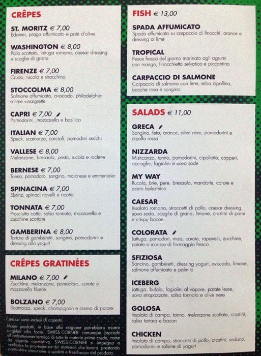 Menu di Swiss Corner 