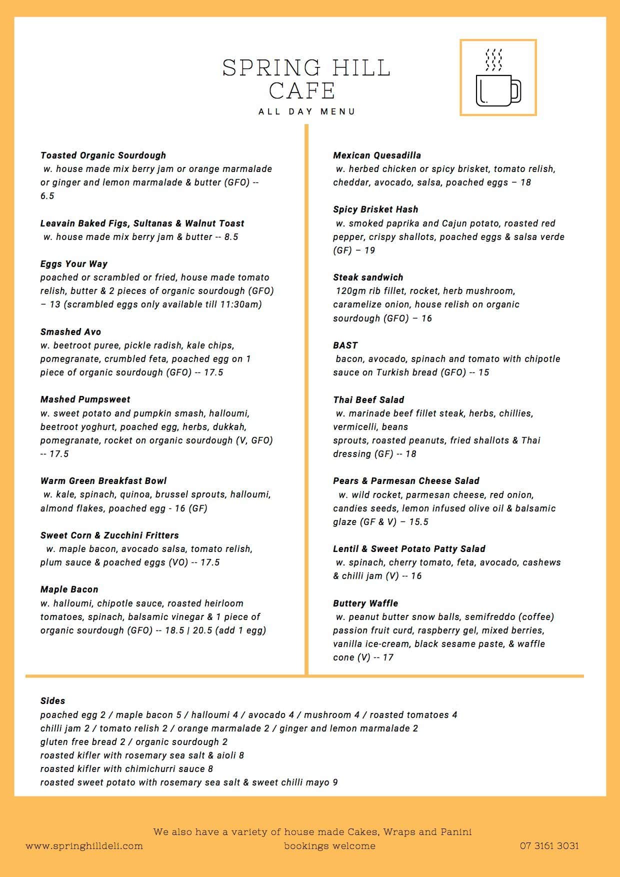 Menu at Spring Hill Cafe, Spring Hill