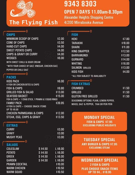 The Flying Fish menu, Menu restauracji The Flying Fish, Alexander