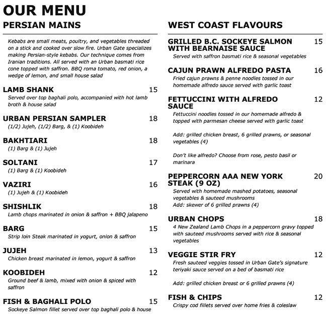 Urban Gate Menu Menu For Urban Gate Coquitlam Coquitlam