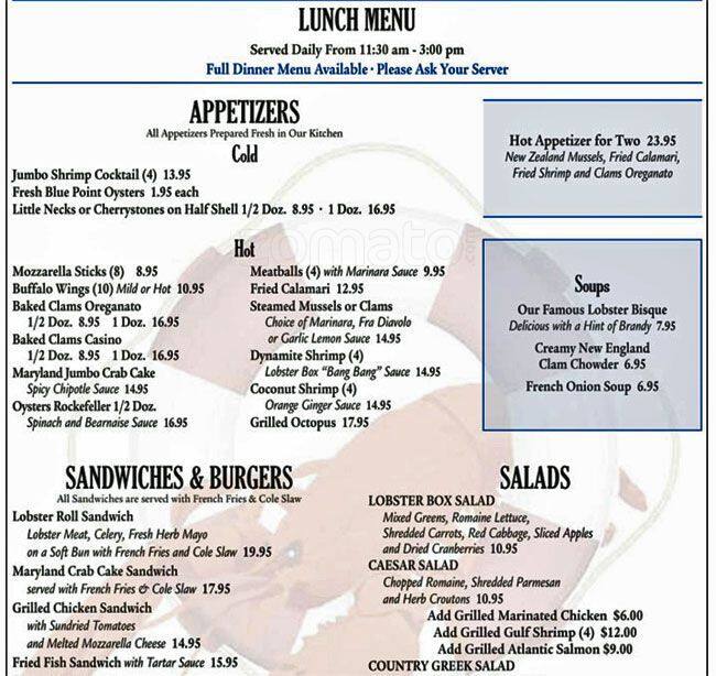 Lobster Box Menu, Menu for Lobster Box, City Island, New York City