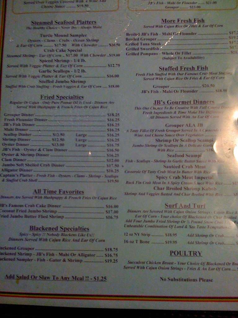 Menu at JB's Fish Camp restaurant, New Smyrna Beach