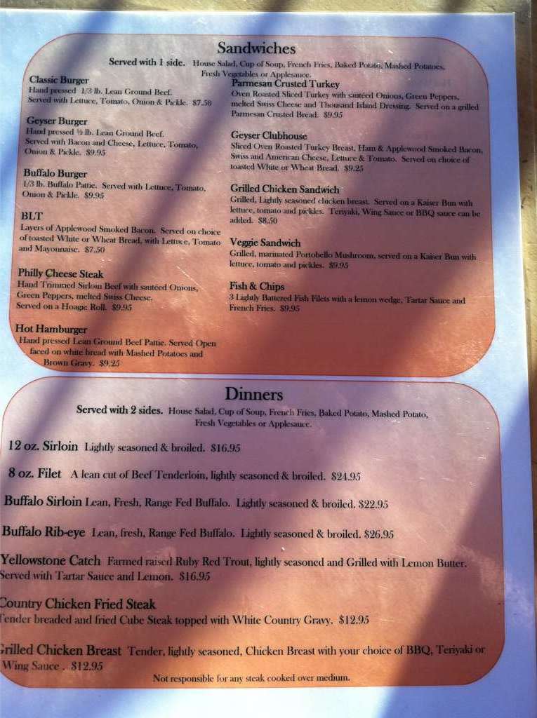 406 Geyser Grill Menu, Menu for 406 Geyser Grill, West Yellowstone