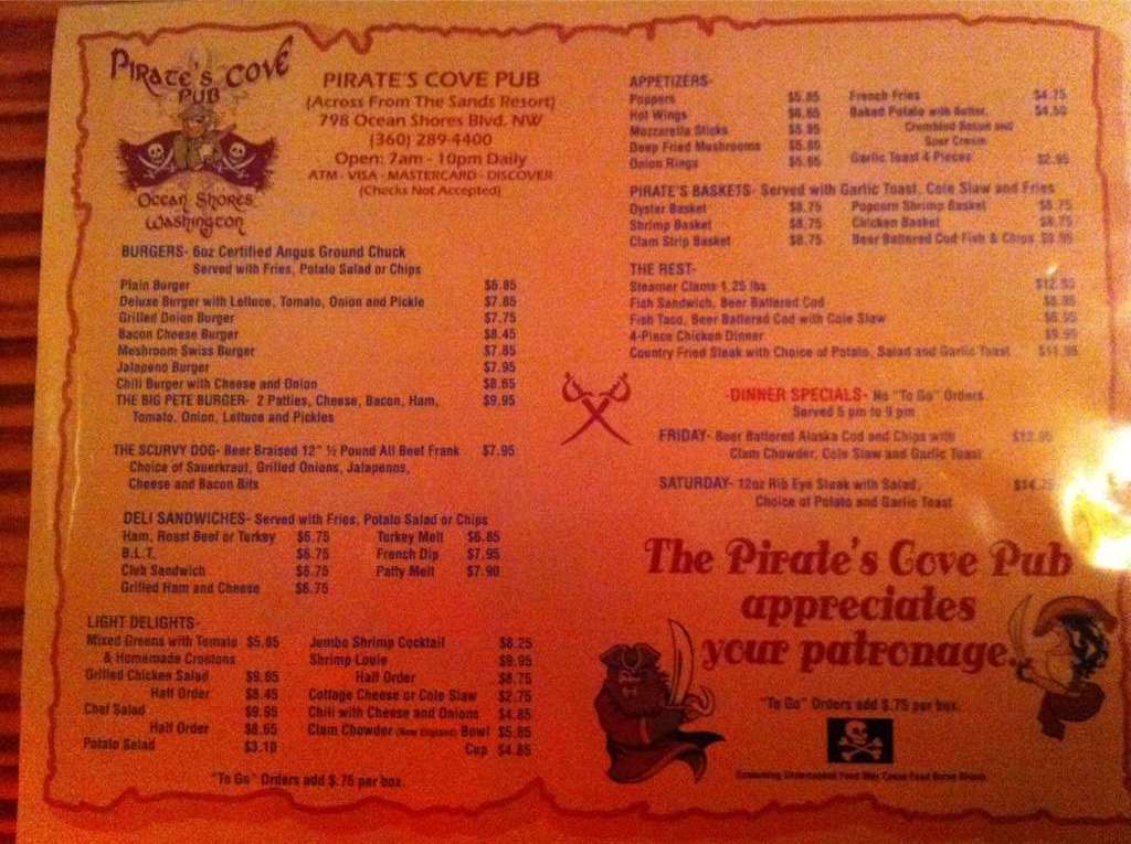 Pirates Cove Pub Menu Menu For Pirates Cove Pub Ocean Shores Ocean 