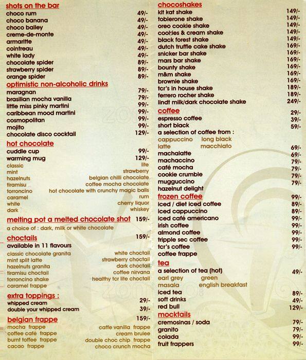 The Chocolate Room Menu, Menu for The Chocolate Room, Alkapuri