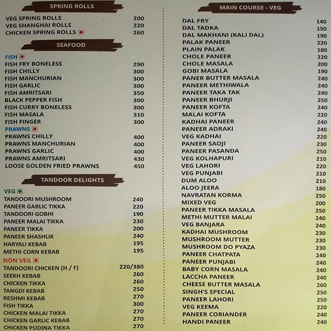 Singh's Restaurant menu